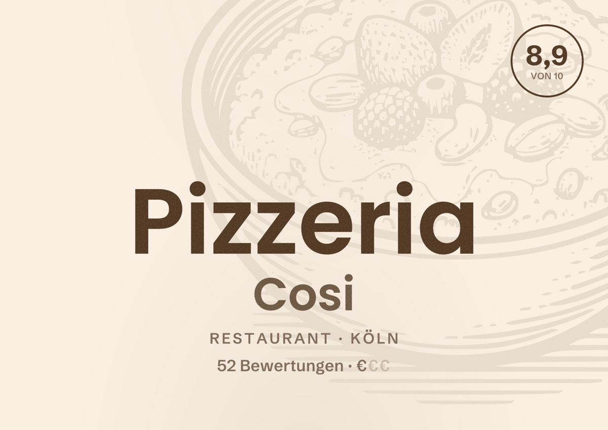 Illustriertes Poster von Pizzeria Cosi, Restaurant in Köln: Bewertung 8,9 von 10 aus 52 Bewertungen, Preisniveau €