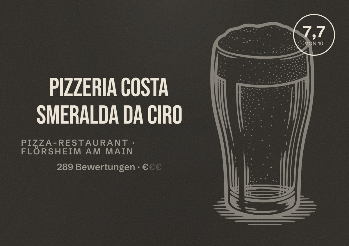 Illustriertes Poster von Pizzeria Costa Smeralda da Ciro, Pizza-Restaurant in Flörsheim am Main: Bewertung 7,7 von 10 aus 289 Bewertungen, Preisniveau €