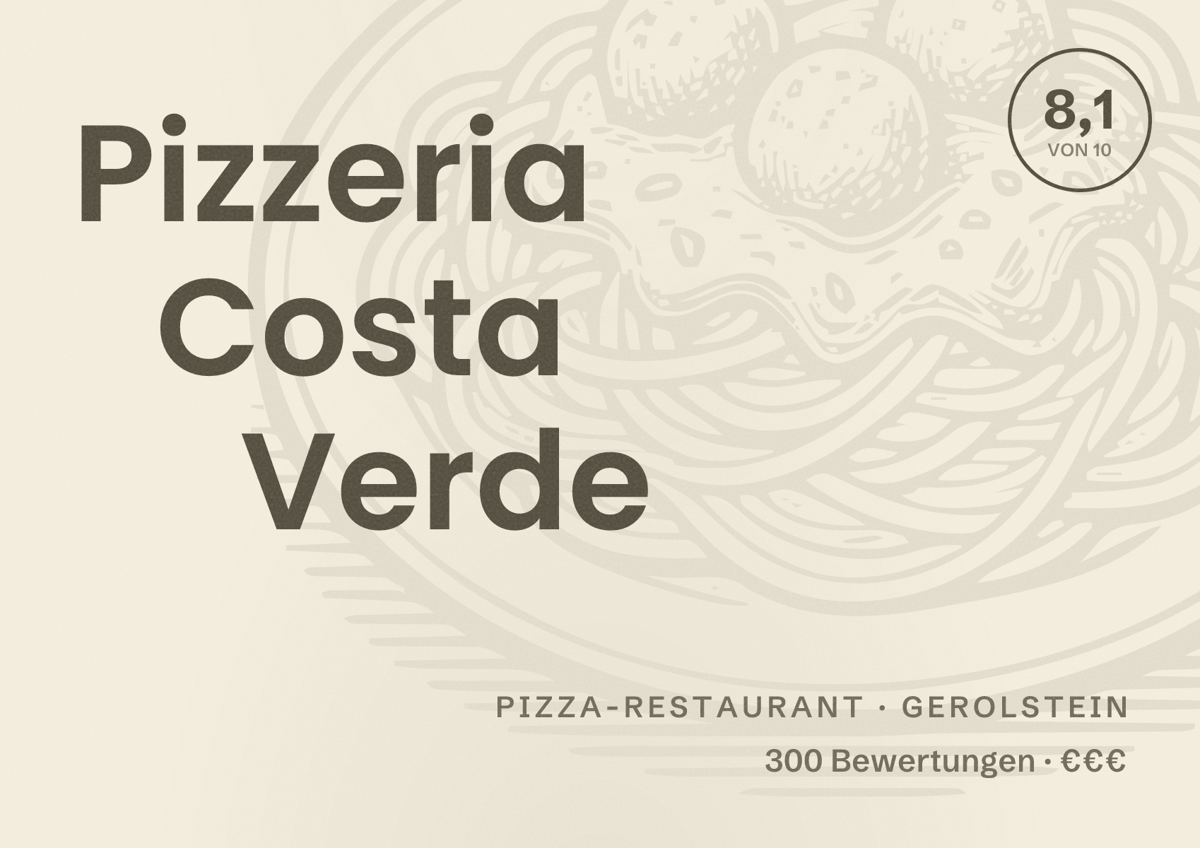 Illustriertes Poster von Pizzeria Costa Verde, Pizza-Restaurant in Gerolstein: Bewertung 8,1 von 10 aus 300 Bewertungen, Preisniveau €€€