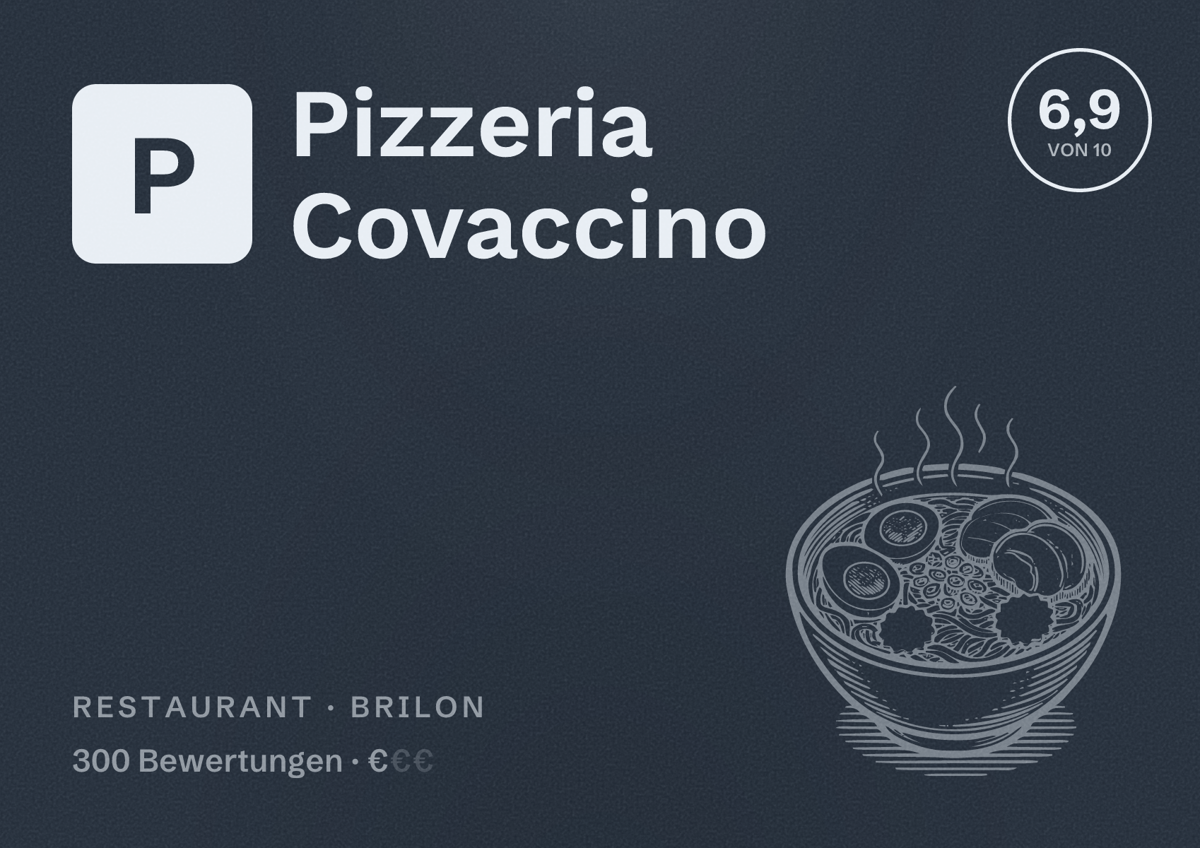 Illustriertes Poster von Pizzeria Covaccino, Restaurant in Brilon: Bewertung 6,9 von 10 aus 300 Bewertungen, Preisniveau €