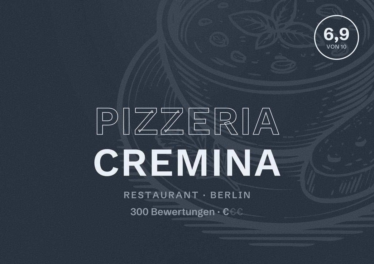Illustriertes Poster von Pizzeria Cremina, Restaurant in Berlin: Bewertung 6,9 von 10 aus 300 Bewertungen, Preisniveau €