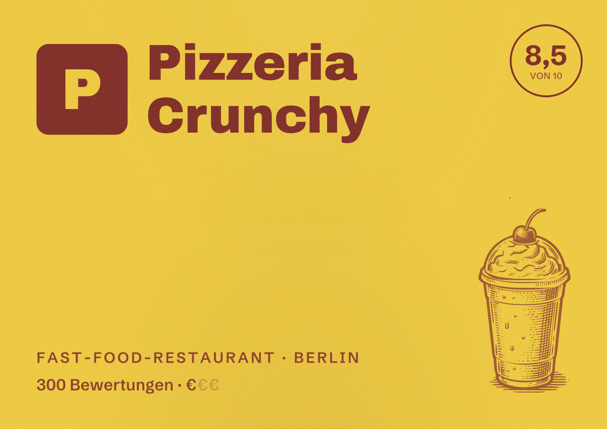 Illustriertes Poster von Pizzeria Crunchy, Fast-Food-Restaurant in Berlin: Bewertung 8,5 von 10 aus 300 Bewertungen, Preisniveau €