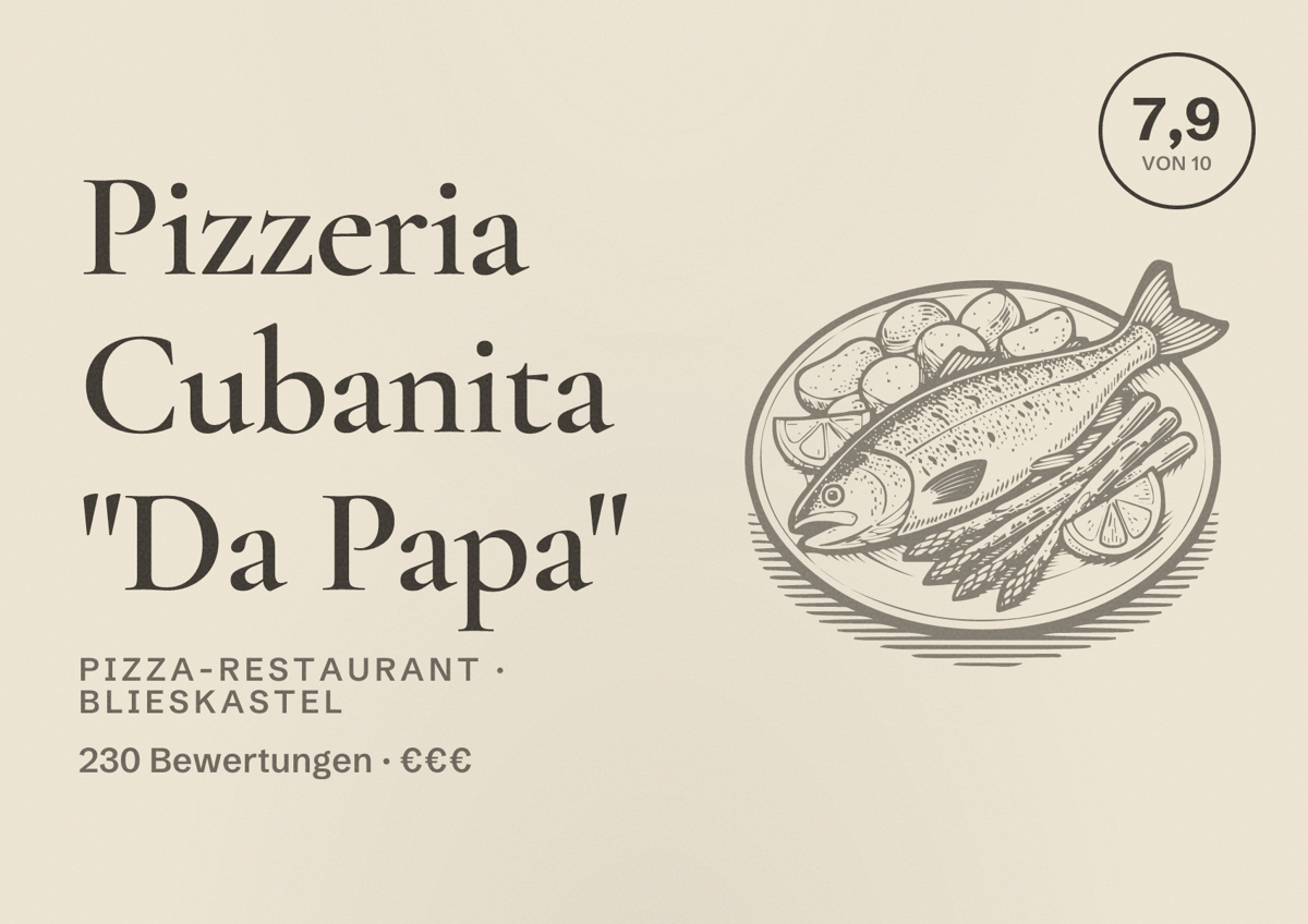 Illustriertes Poster von Pizzeria Cubanita "Da Papa", Pizza-Restaurant in Blieskastel: Bewertung 7,9 von 10 aus 230 Bewertungen, Preisniveau €€€