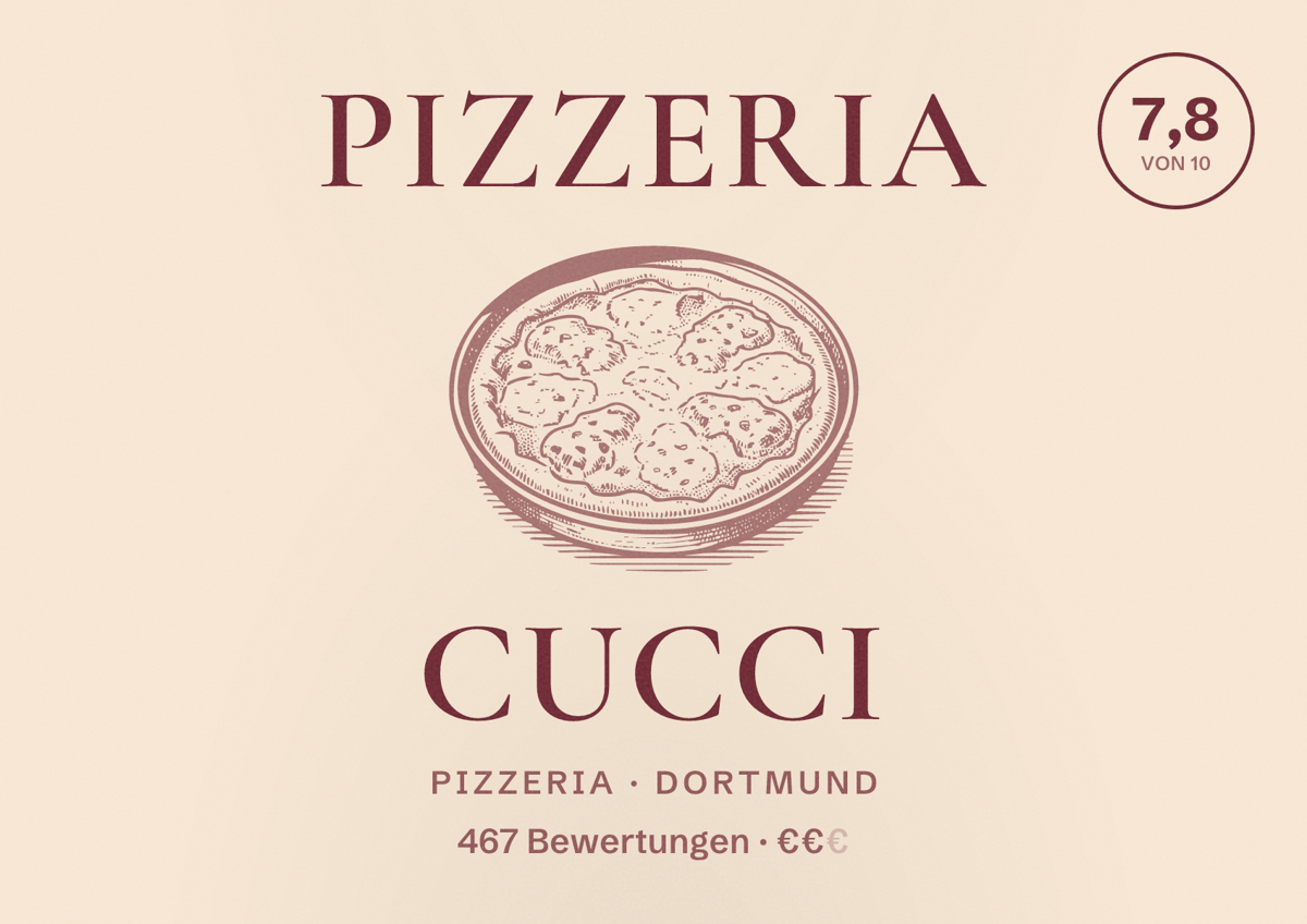 Illustriertes Poster von Pizzeria Cucci, Pizzeria in Dortmund: Bewertung 7,8 von 10 aus 467 Bewertungen, Preisniveau €€