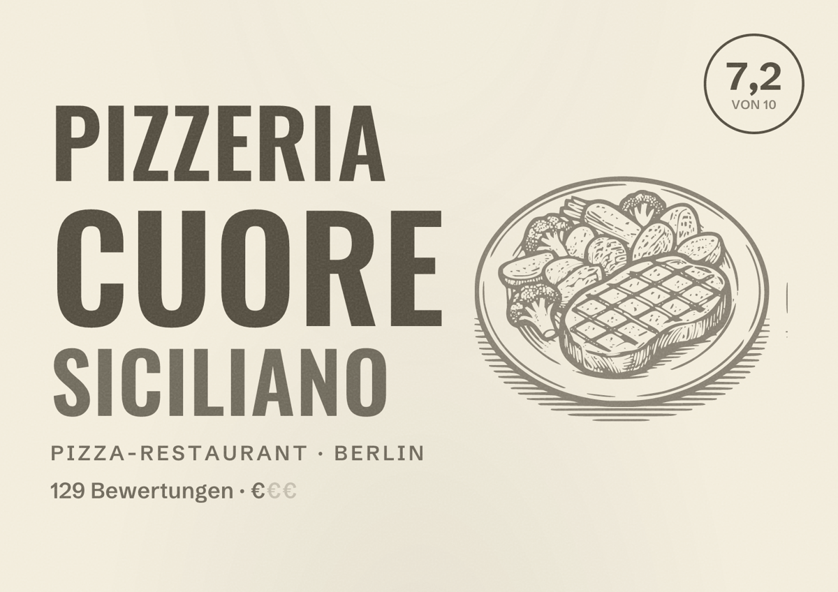 Illustriertes Poster von Pizzeria Cuore Siciliano, Pizza-Restaurant in Berlin: Bewertung 7,2 von 10 aus 129 Bewertungen, Preisniveau €