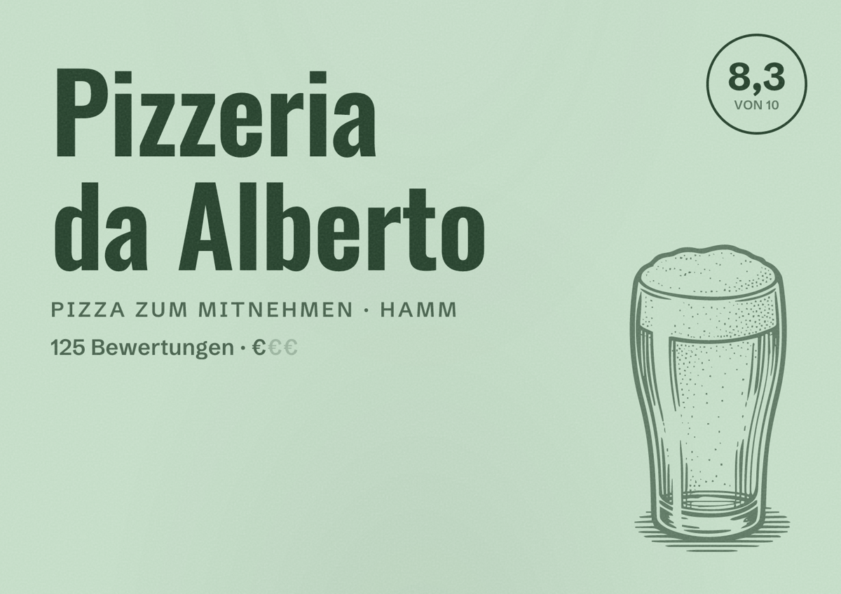 Illustriertes Poster von Pizzeria da Alberto, Pizza zum Mitnehmen in Hamm: Bewertung 8,3 von 10 aus 125 Bewertungen, Preisniveau €