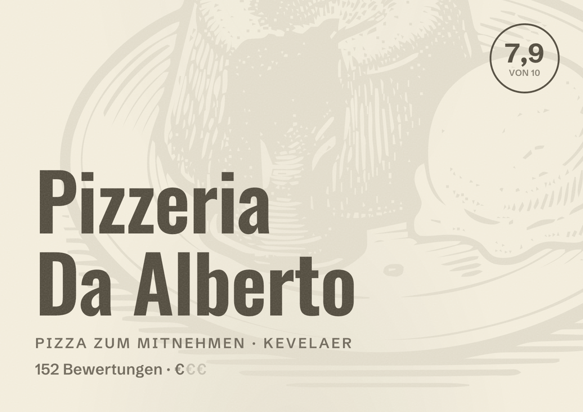 Illustriertes Poster von Pizzeria Da Alberto, Pizza zum Mitnehmen in Kevelaer: Bewertung 7,9 von 10 aus 152 Bewertungen, Preisniveau €