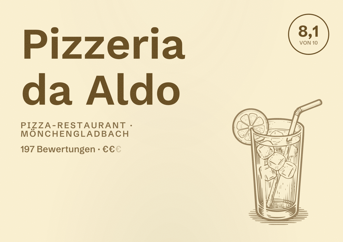 Illustriertes Poster von Pizzeria da Aldo, Pizza-Restaurant in Mönchengladbach: Bewertung 8,1 von 10 aus 197 Bewertungen, Preisniveau €€