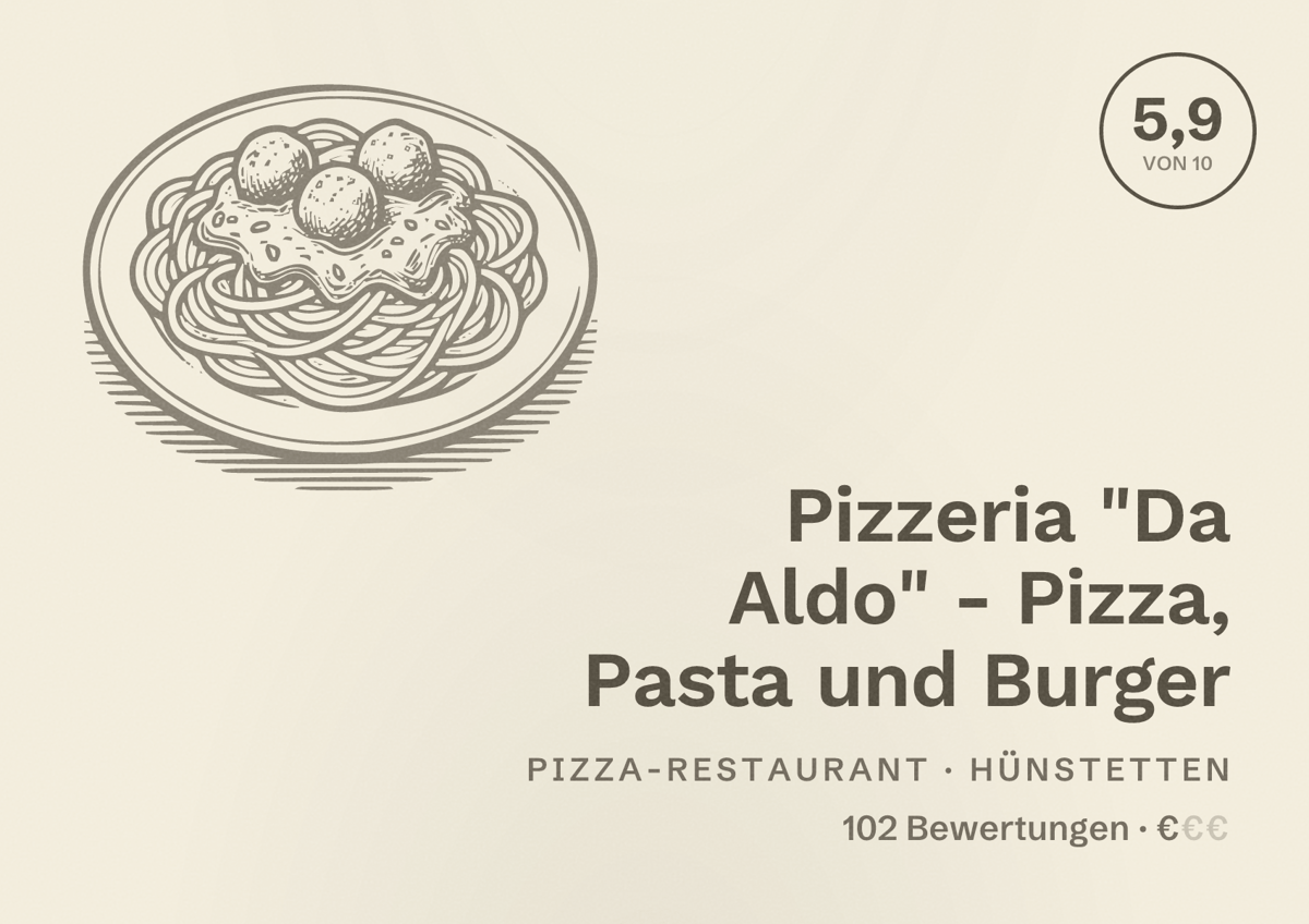 Illustriertes Poster von Pizzeria "Da Aldo" - Pizza, Pasta und Burger, Pizza-Restaurant in Hünstetten: Bewertung 5,9 von 10 aus 102 Bewertungen, Preisniveau €