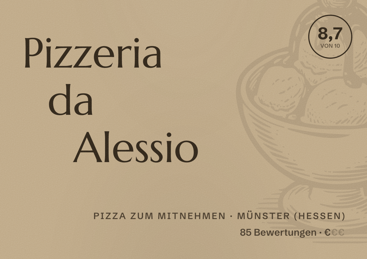 Illustriertes Poster von Pizzeria da Alessio, Pizza zum Mitnehmen in Münster (Hessen): Bewertung 8,7 von 10 aus 85 Bewertungen, Preisniveau €