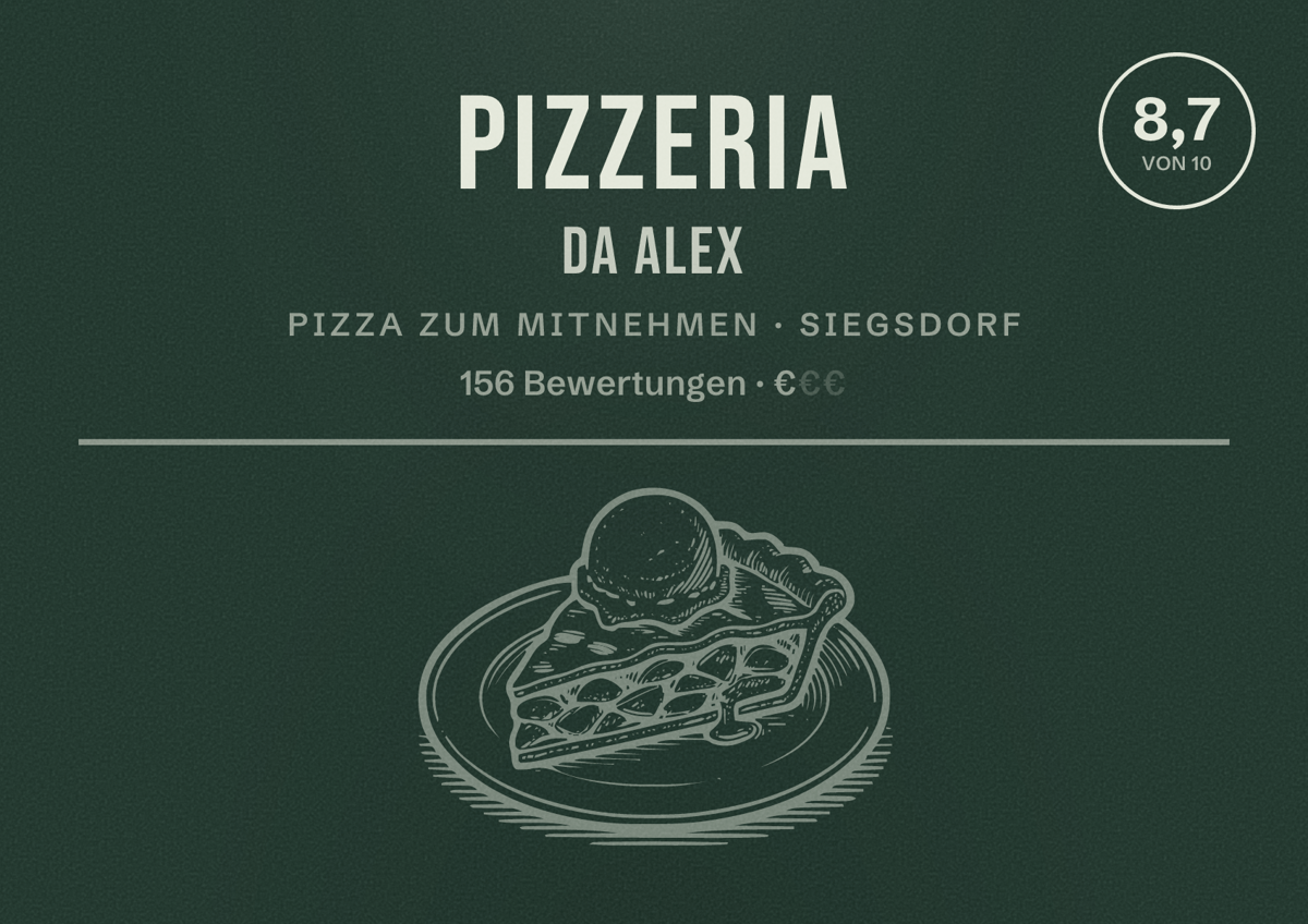 Illustriertes Poster von Pizzeria da Alex, Pizza zum Mitnehmen in Siegsdorf: Bewertung 8,7 von 10 aus 156 Bewertungen, Preisniveau €