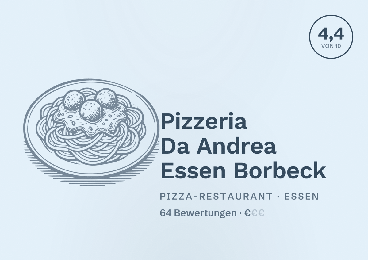 Illustriertes Poster von Pizzeria Da Andrea Essen Borbeck, Pizza-Restaurant in Essen: Bewertung 4,4 von 10 aus 64 Bewertungen, Preisniveau €