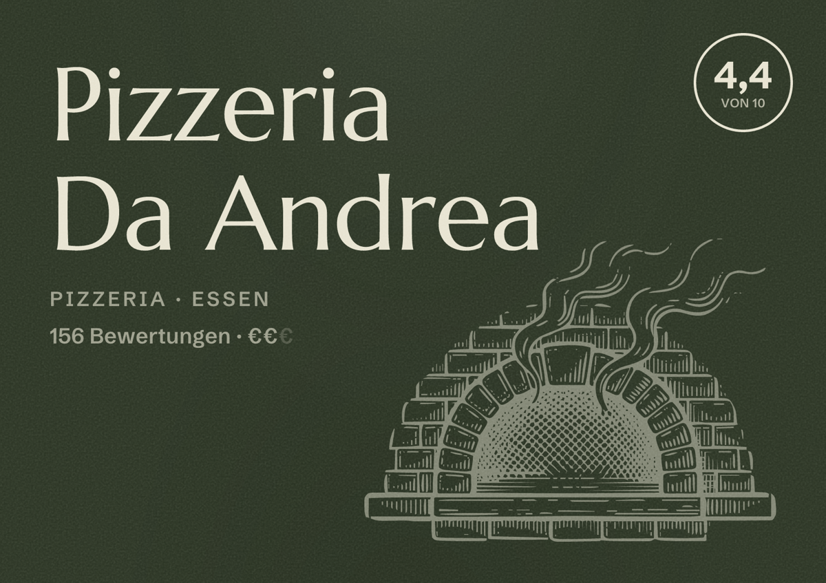 Illustriertes Poster von Pizzeria Da Andrea, Pizzeria in Essen: Bewertung 4,4 von 10 aus 156 Bewertungen, Preisniveau €€