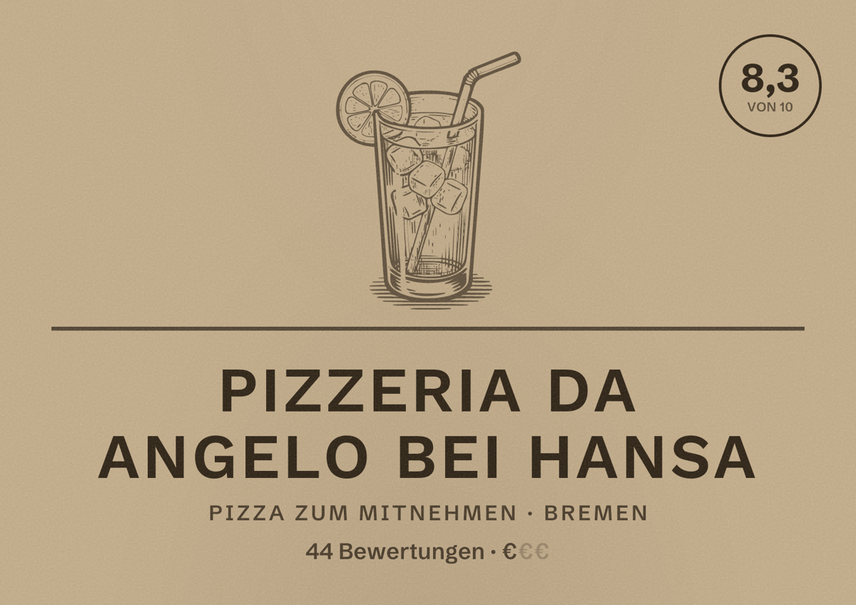 Illustriertes Poster von Pizzeria Da Angelo bei Hansa, Pizza zum Mitnehmen in Bremen: Bewertung 8,3 von 10 aus 44 Bewertungen, Preisniveau €