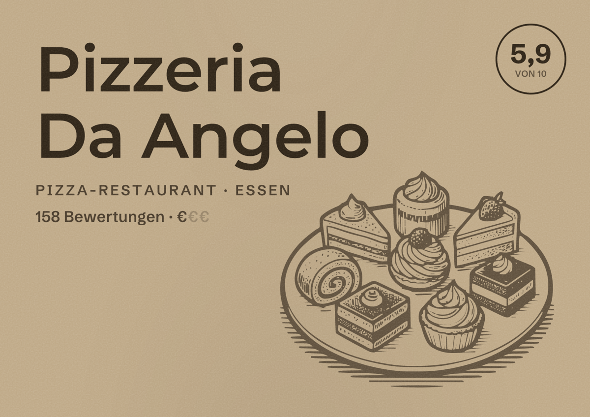 Illustriertes Poster von Pizzeria Da Angelo, Pizza-Restaurant in Essen: Bewertung 5,9 von 10 aus 158 Bewertungen, Preisniveau €