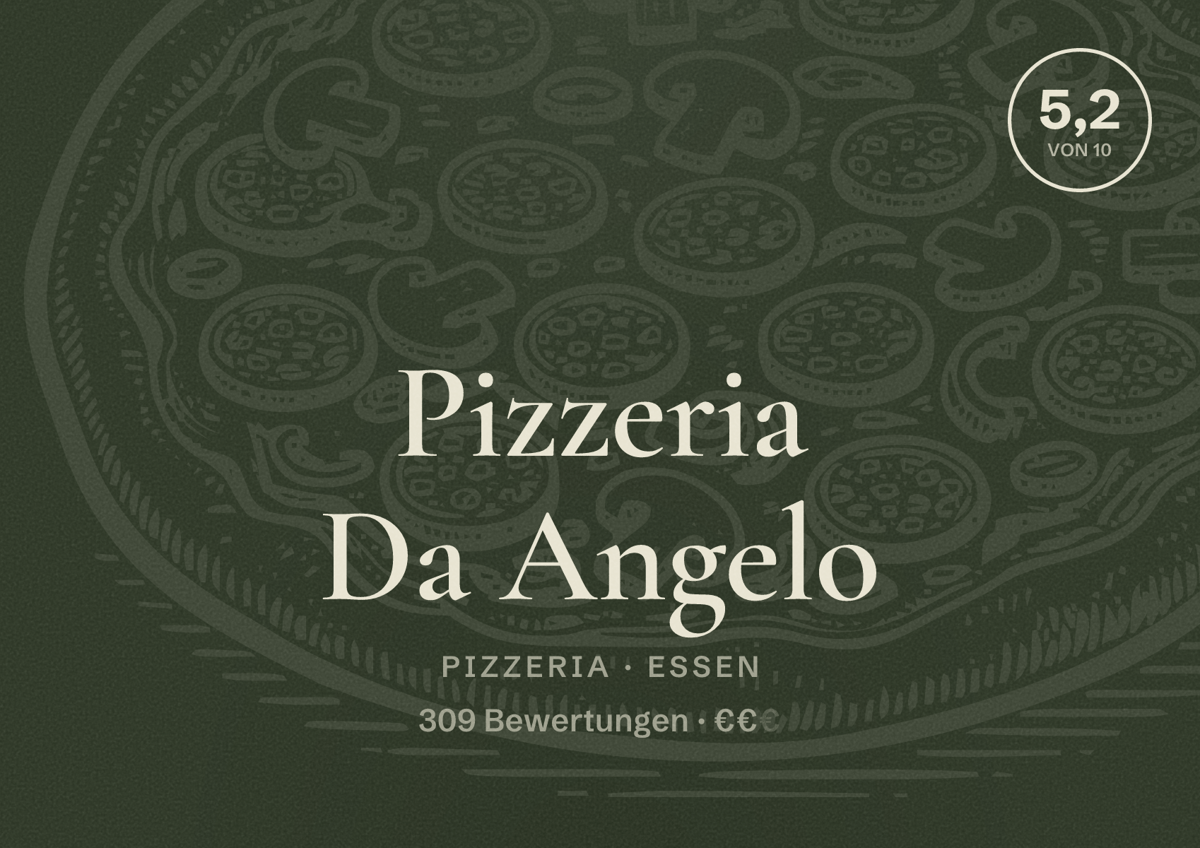 Illustriertes Poster von Pizzeria Da Angelo, Pizzeria in Essen: Bewertung 5,2 von 10 aus 309 Bewertungen, Preisniveau €€