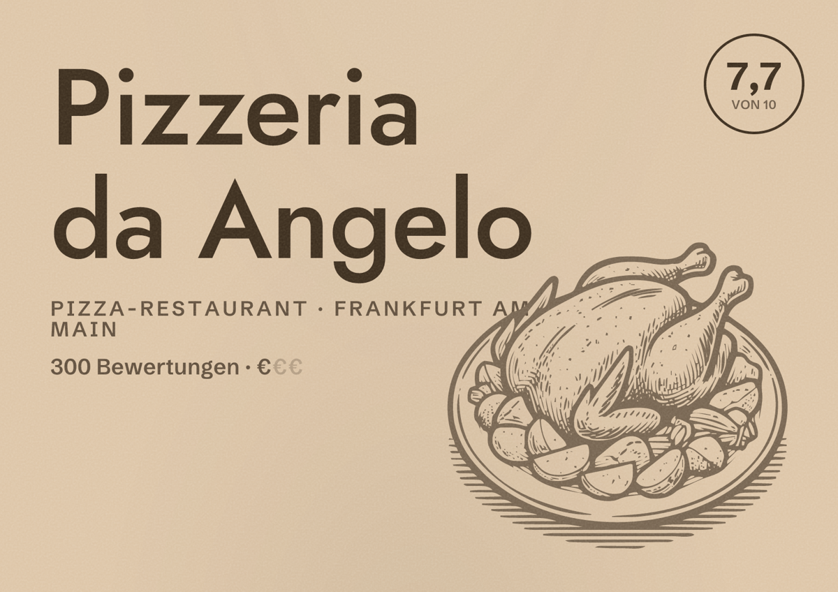 Illustriertes Poster von Pizzeria da Angelo, Pizza-Restaurant in Frankfurt am Main: Bewertung 7,7 von 10 aus 300 Bewertungen, Preisniveau €