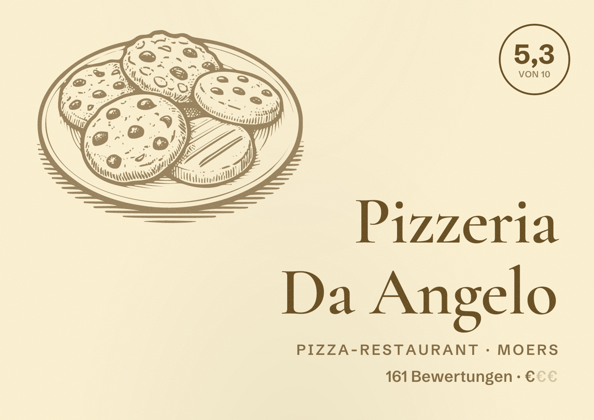 Illustriertes Poster von Pizzeria Da Angelo, Pizza-Restaurant in Moers: Bewertung 5,3 von 10 aus 161 Bewertungen, Preisniveau €