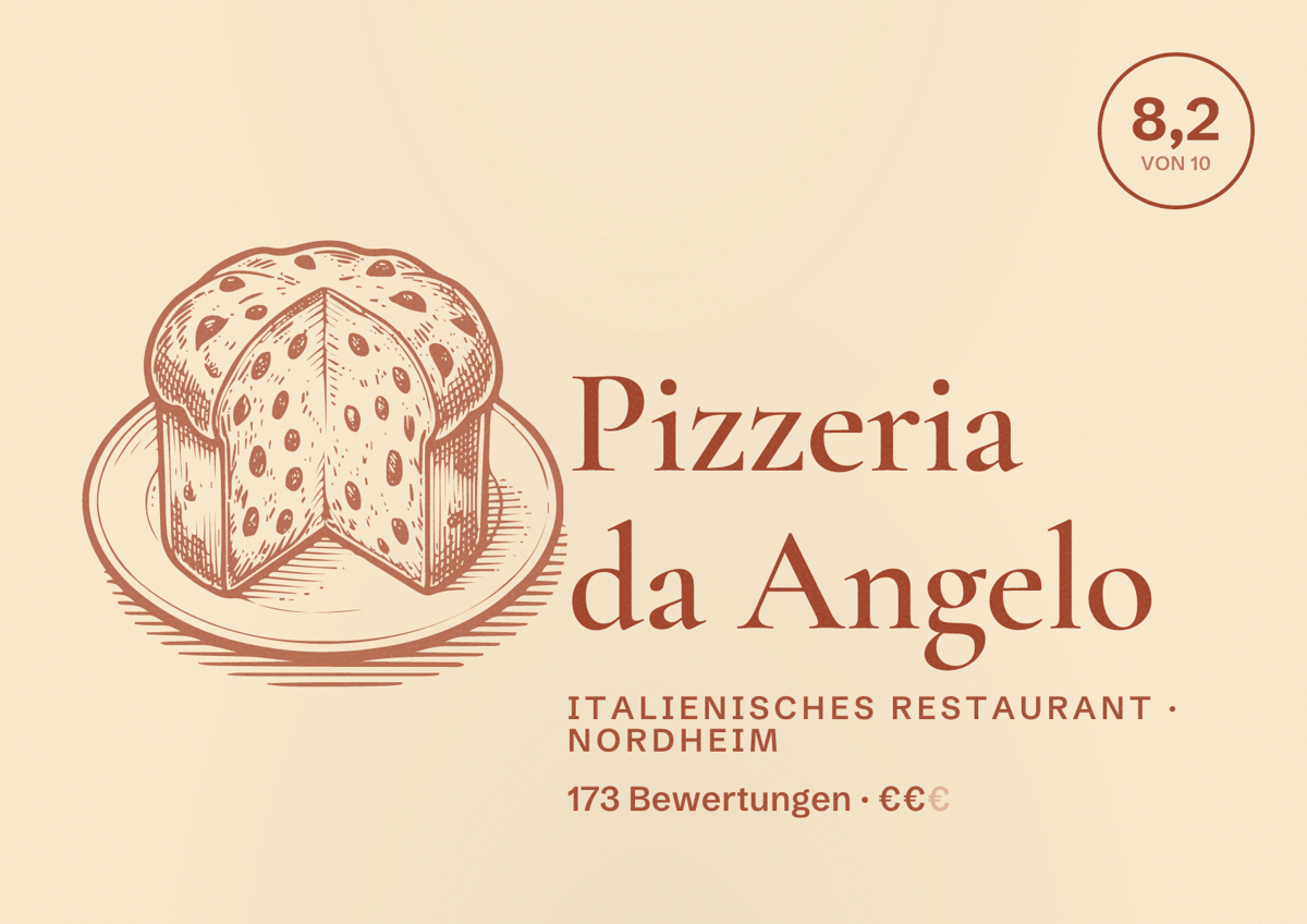 Illustriertes Poster von Pizzeria da Angelo, Italienisches Restaurant in Nordheim: Bewertung 8,2 von 10 aus 173 Bewertungen, Preisniveau €€