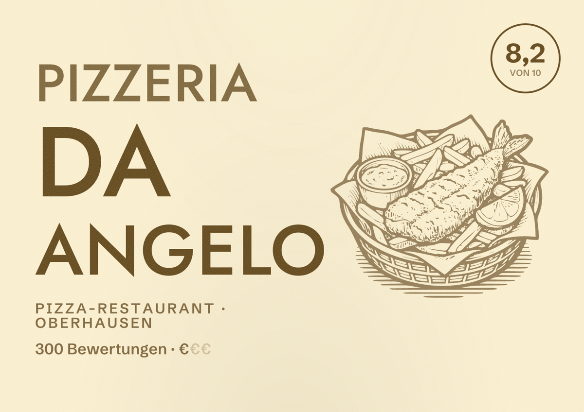 Illustriertes Poster von Pizzeria Da Angelo, Pizza-Restaurant in Oberhausen: Bewertung 8,2 von 10 aus 300 Bewertungen, Preisniveau €