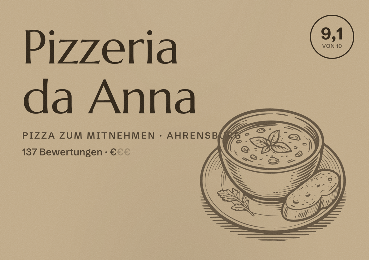Illustriertes Poster von Pizzeria da Anna, Pizza zum Mitnehmen in Ahrensburg: Bewertung 9,1 von 10 aus 137 Bewertungen, Preisniveau €