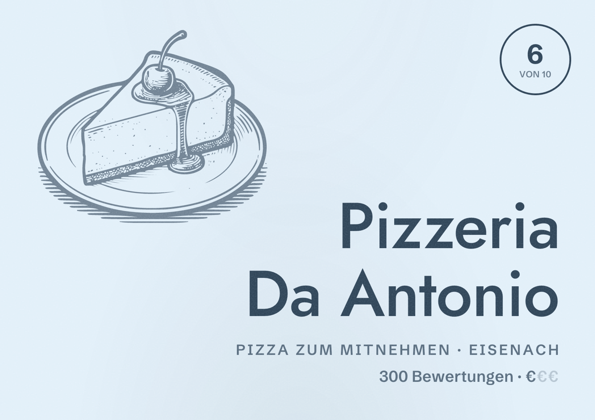 Illustriertes Poster von Pizzeria Da Antonio, Pizza zum Mitnehmen in Eisenach: Bewertung 6 von 10 aus 300 Bewertungen, Preisniveau €