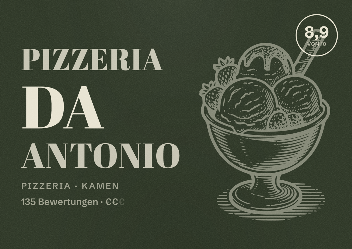 Illustriertes Poster von Pizzeria Da Antonio, Pizzeria in Kamen: Bewertung 8,9 von 10 aus 135 Bewertungen, Preisniveau €€