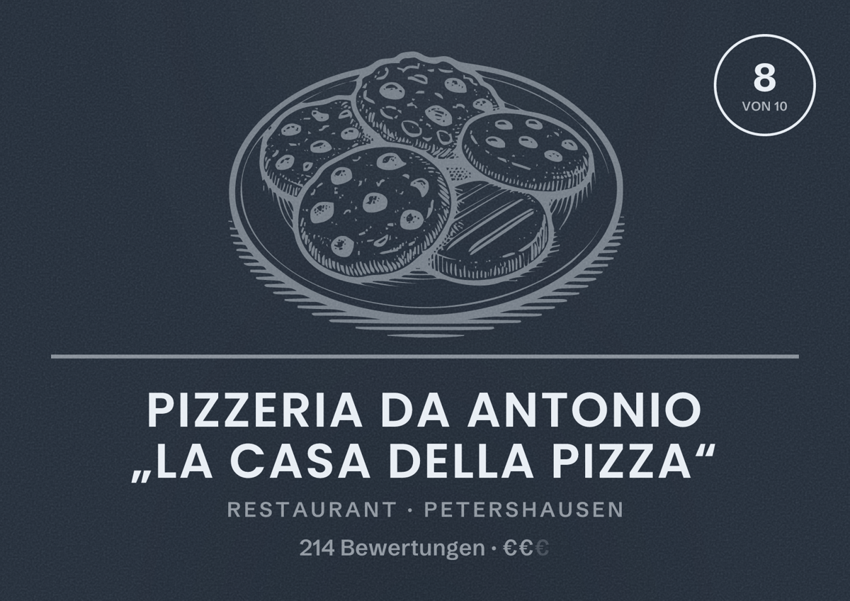 Illustriertes Poster von Pizzeria da Antonio „La Casa della Pizza“, Restaurant in Petershausen: Bewertung 8 von 10 aus 214 Bewertungen, Preisniveau €€