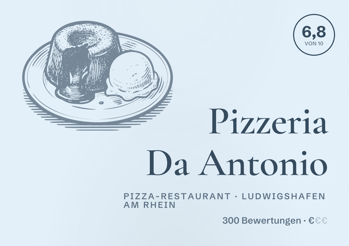 Illustriertes Poster von Pizzeria Da Antonio, Pizza-Restaurant in Ludwigshafen am Rhein: Bewertung 6,8 von 10 aus 300 Bewertungen, Preisniveau €