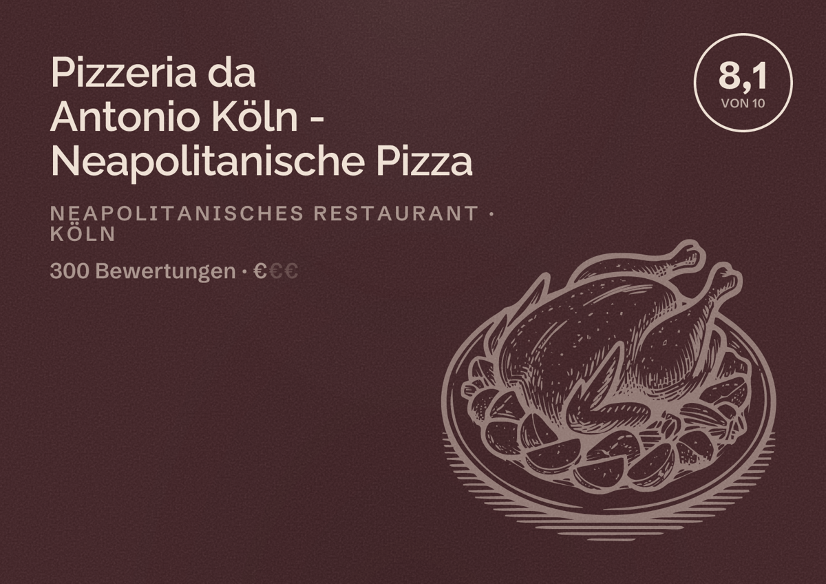 Illustriertes Poster von Pizzeria da Antonio Köln - Neapolitanische Pizza, Neapolitanisches Restaurant in Köln: Bewertung 8,1 von 10 aus 300 Bewertungen, Preisniveau €