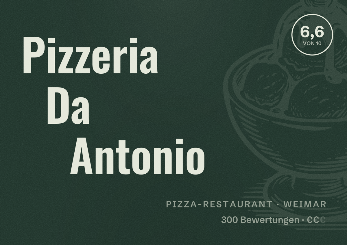 Illustriertes Poster von Pizzeria Da Antonio, Pizza-Restaurant in Weimar: Bewertung 6,6 von 10 aus 300 Bewertungen, Preisniveau €€