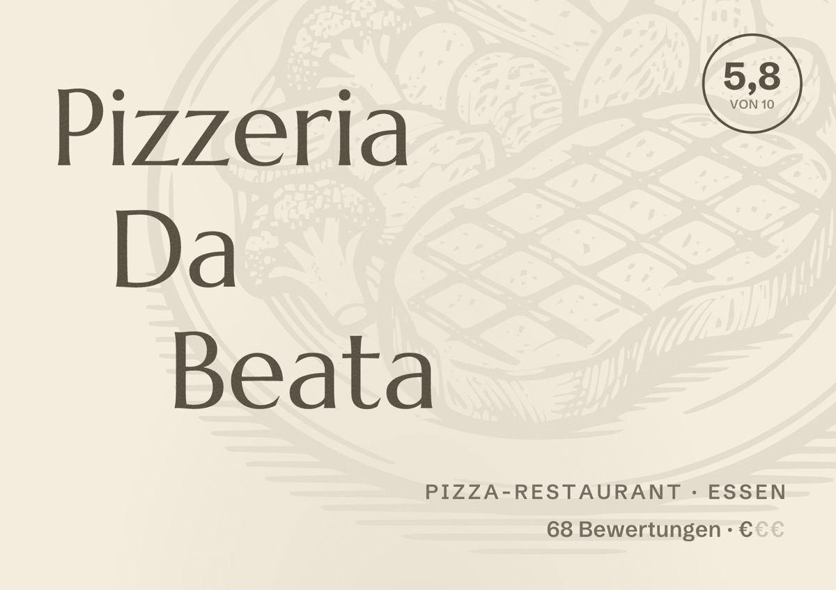 Illustriertes Poster von Pizzeria Da Beata, Pizza-Restaurant in Essen: Bewertung 5,8 von 10 aus 68 Bewertungen, Preisniveau €
