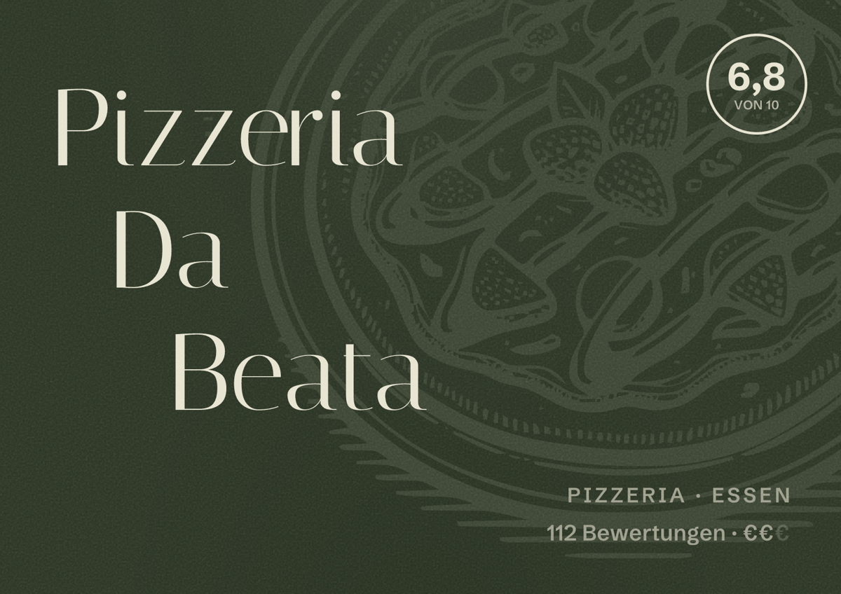 Illustriertes Poster von Pizzeria Da Beata, Pizzeria in Essen: Bewertung 6,8 von 10 aus 112 Bewertungen, Preisniveau €€