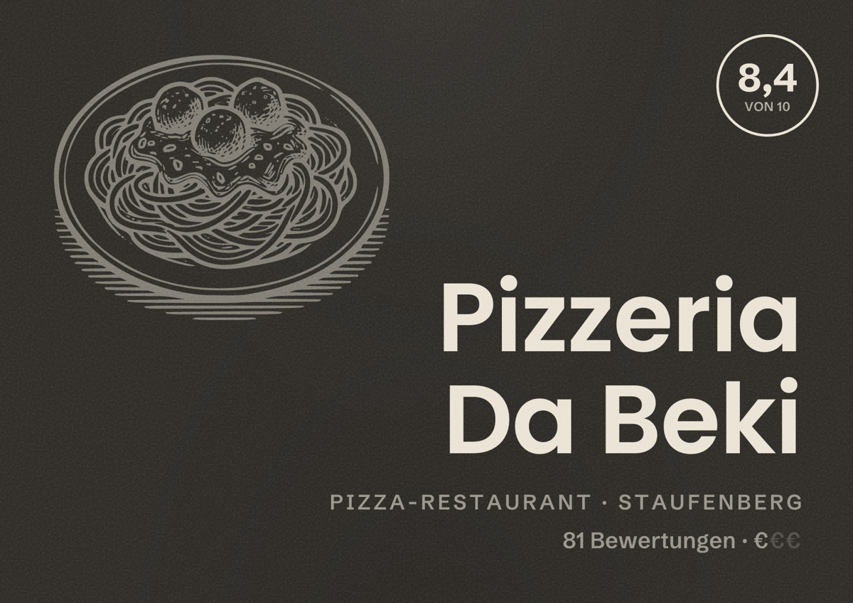 Illustriertes Poster von Pizzeria Da Beki, Pizza-Restaurant in Staufenberg: Bewertung 8,4 von 10 aus 81 Bewertungen, Preisniveau €