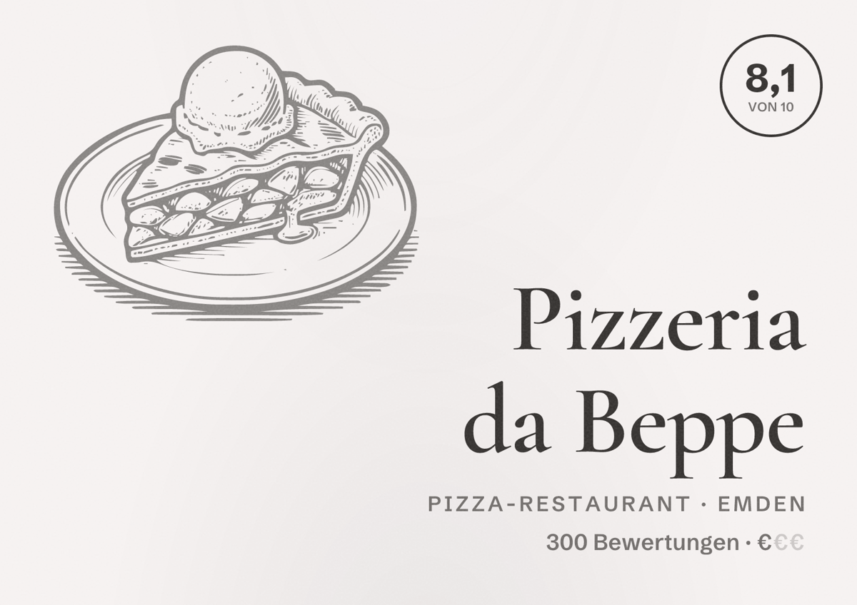 Illustriertes Poster von Pizzeria da Beppe, Pizza-Restaurant in Emden: Bewertung 8,1 von 10 aus 300 Bewertungen, Preisniveau €