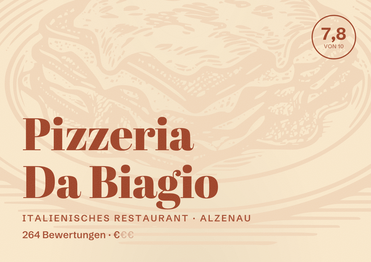 Illustriertes Poster von Pizzeria Da Biagio, Italienisches Restaurant in Alzenau: Bewertung 7,8 von 10 aus 264 Bewertungen, Preisniveau €
