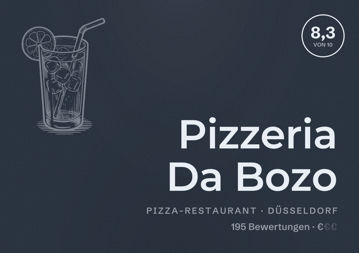 Illustriertes Poster von Pizzeria Da Bozo, Pizza-Restaurant in Düsseldorf: Bewertung 8,3 von 10 aus 195 Bewertungen, Preisniveau €