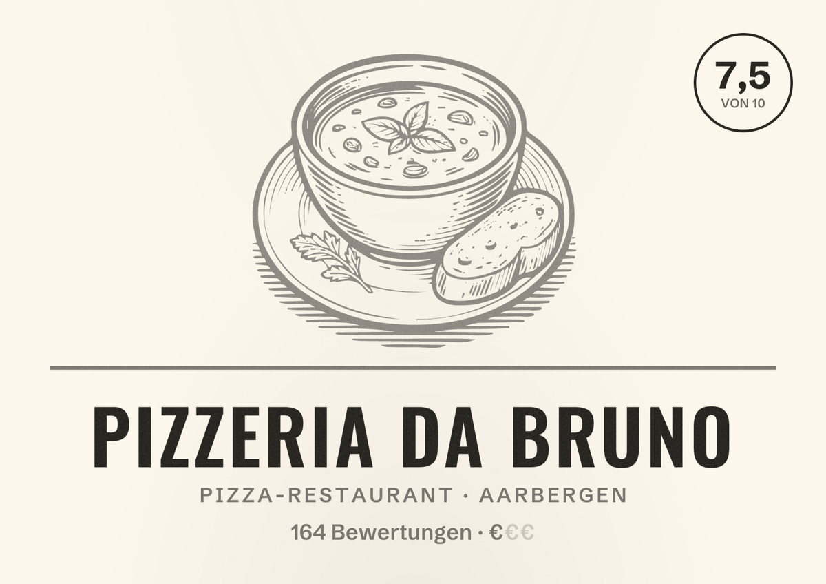 Illustriertes Poster von Pizzeria Da Bruno, Pizza-Restaurant in Aarbergen: Bewertung 7,5 von 10 aus 164 Bewertungen, Preisniveau €