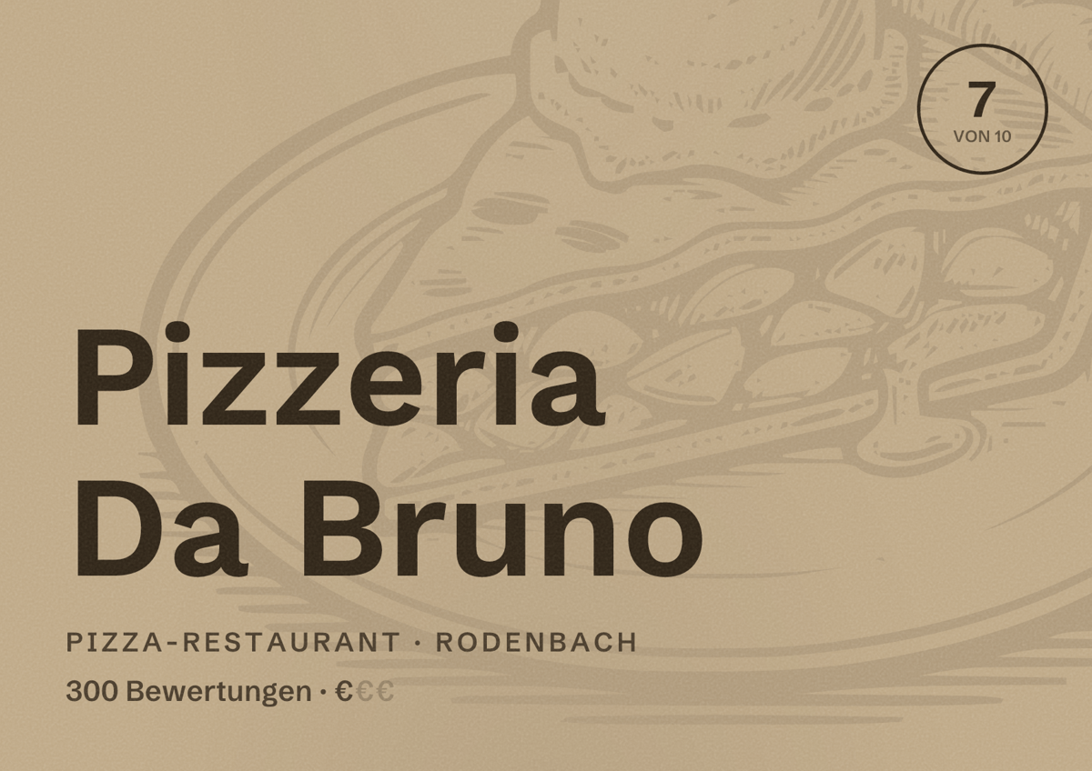 Illustriertes Poster von Pizzeria Da Bruno, Pizza-Restaurant in Rodenbach: Bewertung 7 von 10 aus 300 Bewertungen, Preisniveau €