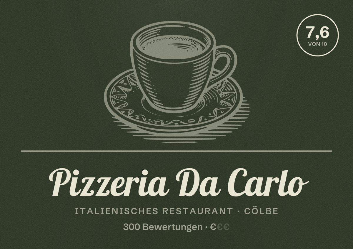 Illustriertes Poster von Pizzeria Da Carlo, Italienisches Restaurant in Cölbe: Bewertung 7,6 von 10 aus 300 Bewertungen, Preisniveau €