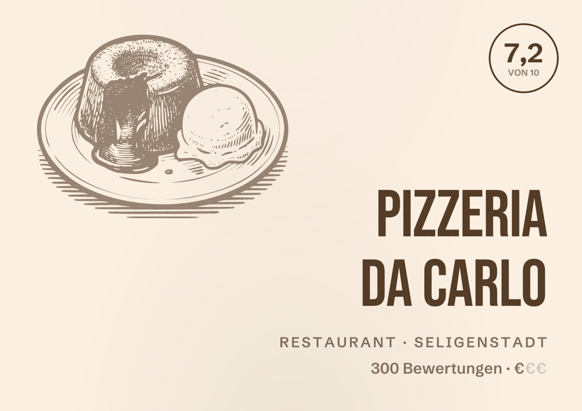 Illustriertes Poster von Pizzeria Da Carlo, Restaurant in Seligenstadt: Bewertung 7,2 von 10 aus 300 Bewertungen, Preisniveau €