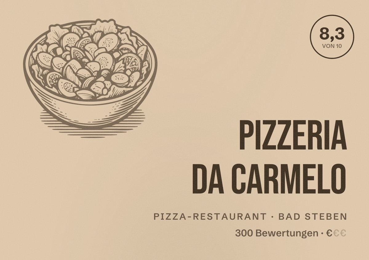 Illustriertes Poster von Pizzeria Da Carmelo, Pizza-Restaurant in Bad Steben: Bewertung 8,3 von 10 aus 300 Bewertungen, Preisniveau €