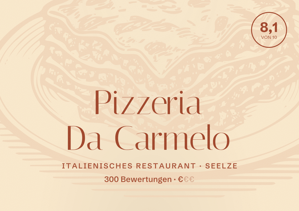 Illustriertes Poster von Pizzeria Da Carmelo, Italienisches Restaurant in Seelze: Bewertung 8,1 von 10 aus 300 Bewertungen, Preisniveau €
