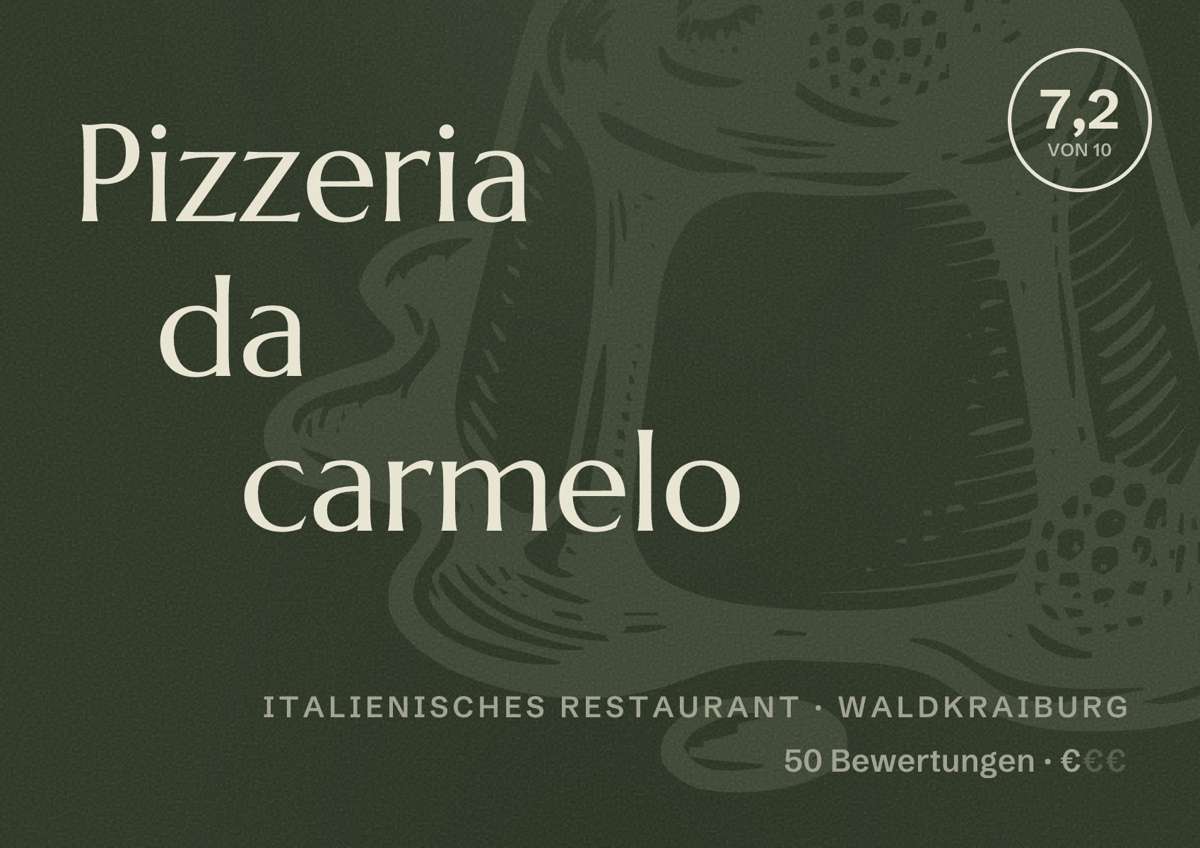Illustriertes Poster von Pizzeria da carmelo, Italienisches Restaurant in Waldkraiburg: Bewertung 7,2 von 10 aus 50 Bewertungen, Preisniveau €