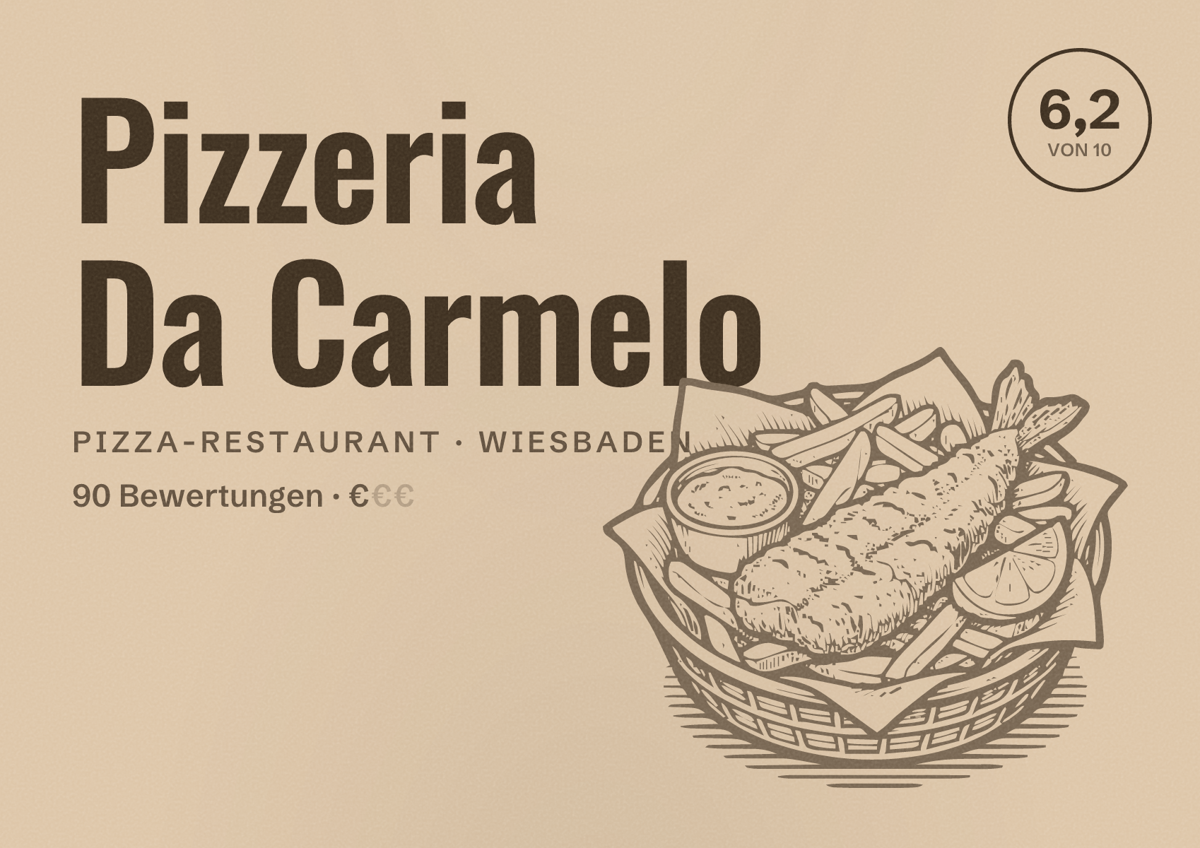 Illustriertes Poster von Pizzeria Da Carmelo, Pizza-Restaurant in Wiesbaden: Bewertung 6,2 von 10 aus 90 Bewertungen, Preisniveau €