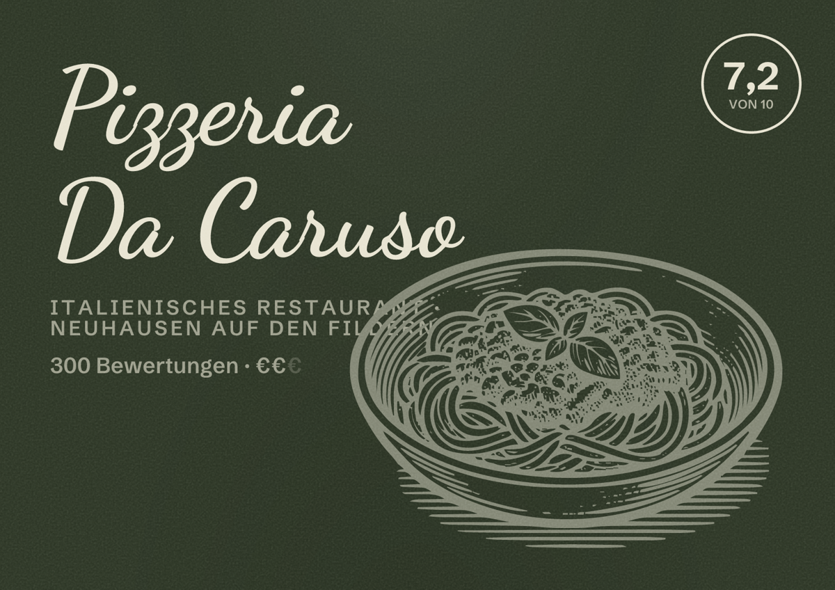 Illustriertes Poster von Pizzeria Da Caruso, Italienisches Restaurant in Neuhausen auf den Fildern: Bewertung 7,2 von 10 aus 300 Bewertungen, Preisniveau €€