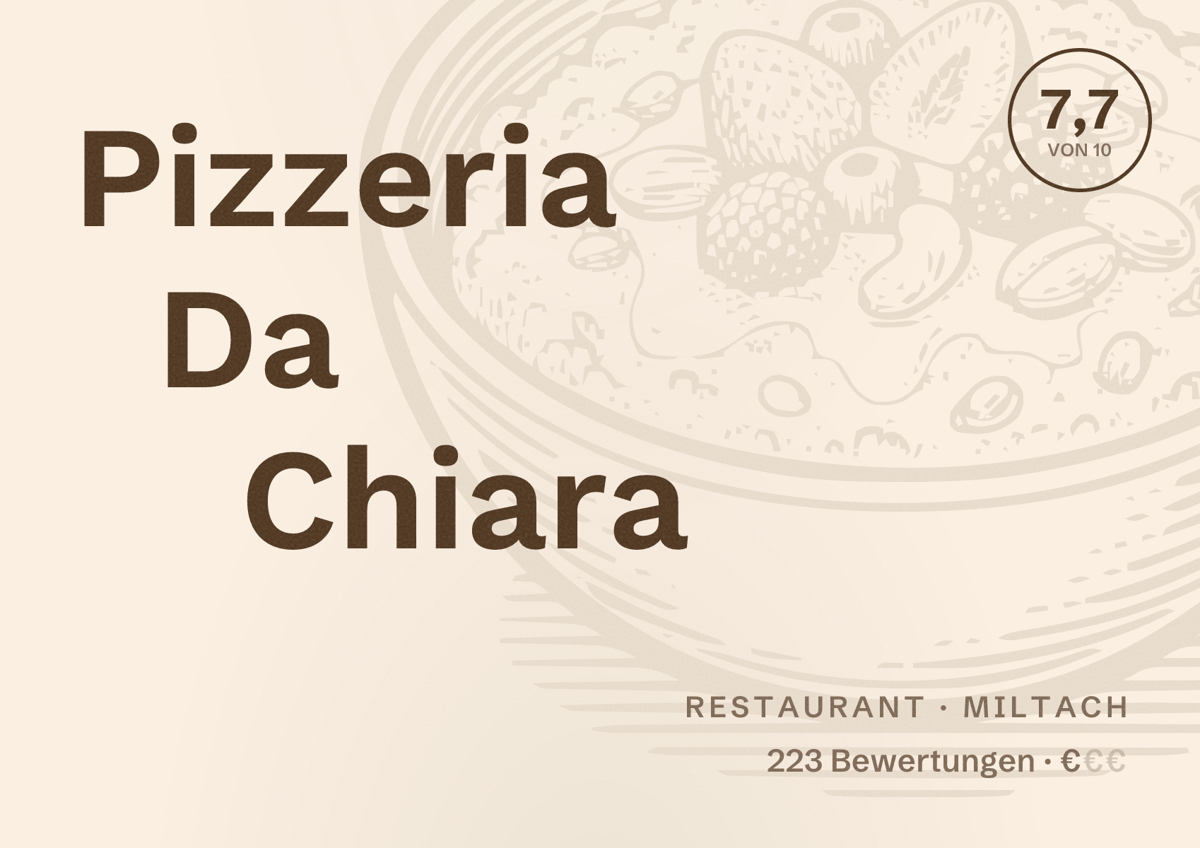 Illustriertes Poster von Pizzeria Da Chiara, Restaurant in Miltach: Bewertung 7,7 von 10 aus 223 Bewertungen, Preisniveau €