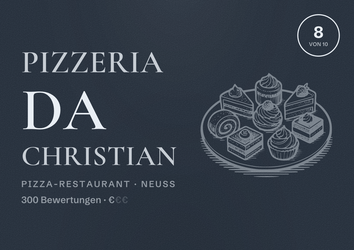 Illustriertes Poster von Pizzeria Da Christian, Pizza-Restaurant in Neuss: Bewertung 8 von 10 aus 300 Bewertungen, Preisniveau €