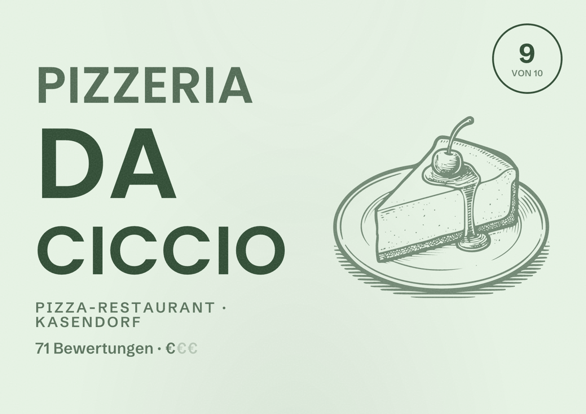 Illustriertes Poster von Pizzeria Da Ciccio, Pizza-Restaurant in Kasendorf: Bewertung 9 von 10 aus 71 Bewertungen, Preisniveau €