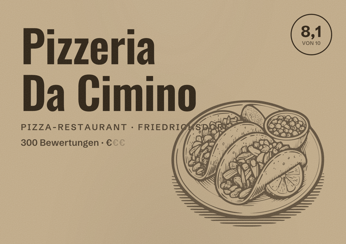 Illustriertes Poster von Pizzeria Da Cimino, Pizza-Restaurant in Friedrichsdorf: Bewertung 8,1 von 10 aus 300 Bewertungen, Preisniveau €